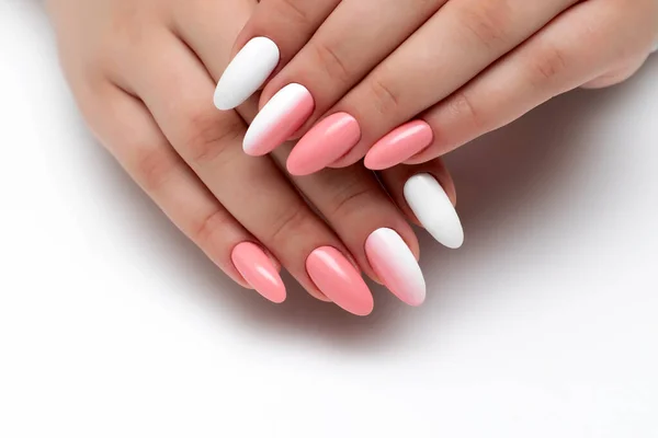 Gel Manicure White Background Close White Peach Long Oval Nails — Stock Photo, Image