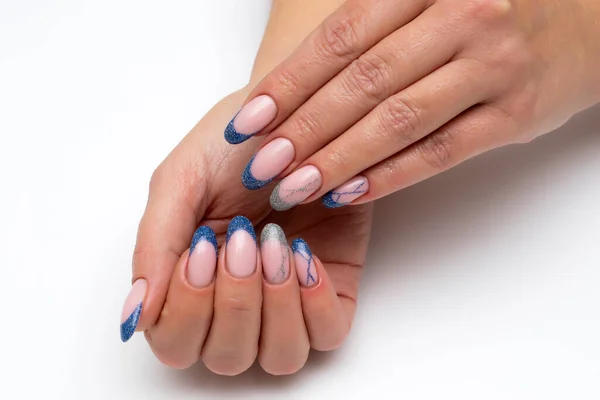 French Blue Silver Manicure Long Oval Nails Sparkles Stripes White — Stock Photo, Image