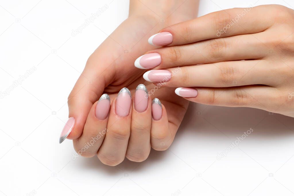 Wedding French white, silver manicure on long oval nails 