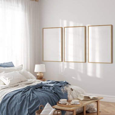  Sunny Eco Friendly iç mekan. Yatak odası. Çerçeve modeli. Poster modeli. 3d görüntüleme, 3d illüstrasyon