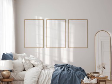  Sunny Eco Friendly iç mekan. Yatak odası. Çerçeve modeli. Poster modeli. 3d görüntüleme, 3d illüstrasyon