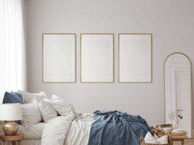 Çevre dostu iç mekan. Yatak odası. Çerçeve modeli. Poster modeli. 3d görüntüleme, 3d illüstrasyon