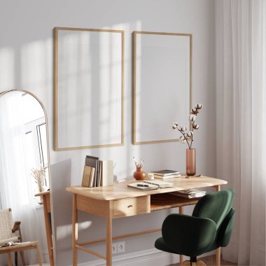 Boho tarzında çerçeve ve poster modeli. 3d görüntüleme, 3d illüstrasyon