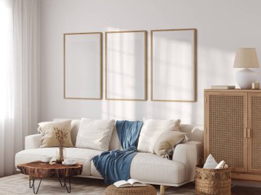 Boho tarzında çerçeve ve poster modeli. 3d görüntüleme, 3d illüstrasyon