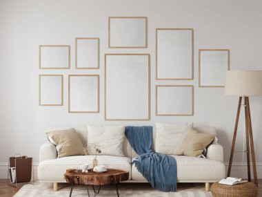 Boho tarzında çerçeve ve poster modeli. 3d görüntüleme, 3d illüstrasyon