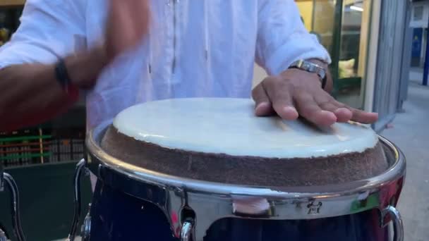 Close Unrecognizable Musician Playing Conga Drums Hands Playing Drums Outdoor — 图库视频影像