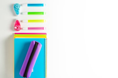 Back to school concept. School and office supplies on white background table. Flat design with copy space. High quality photo
