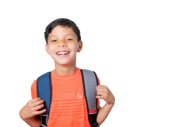 Boy with his backpack very happy about going back to school on white background. Back to school concept. High quality photo