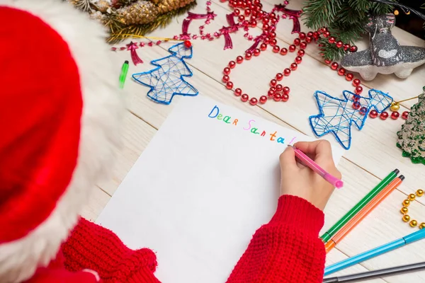 Little Boy Santa Hat Writes Letter Santa Claus Kid Santa — Stock Photo, Image