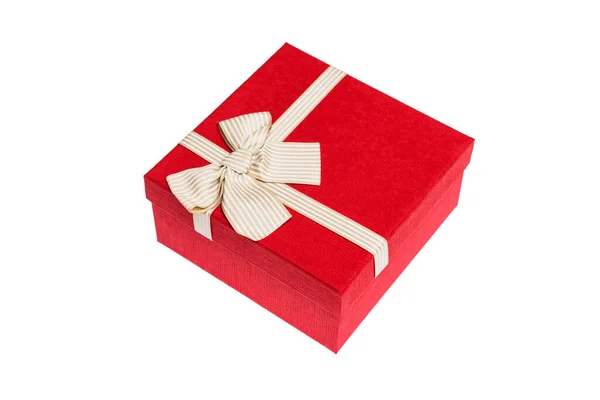 Red Gift Box Gold Ribbon Bow Isolated White Background — Stock Photo, Image