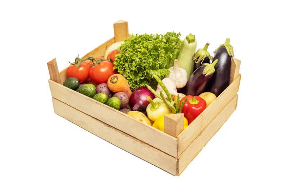 Fresh Vegetables Wooden Box Isolated White Background Eco Lifestyle — Stock Photo, Image