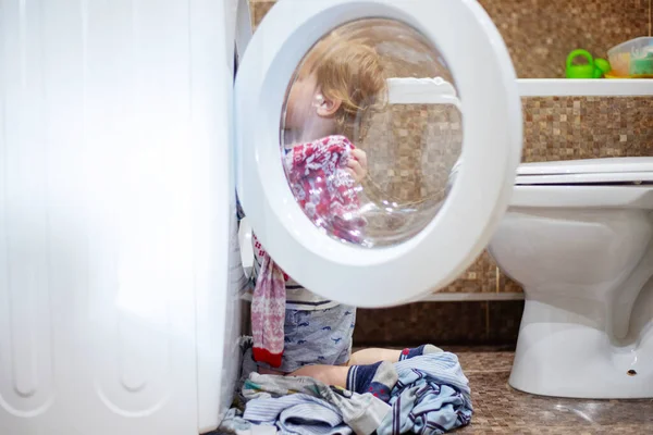 Child Bathroom Washing Machine Kid Helping Family Chores Cute Child — Stock Fotó