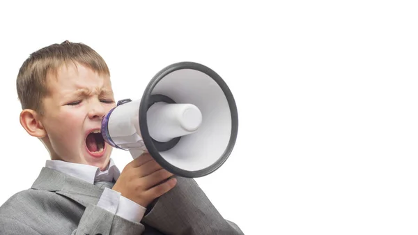 Dítě Šedém Obleku Křičí Megafonu Izolovaného Bílém Pozadí Kopírovacím Prostorem — Stock fotografie