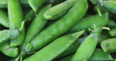 Taze bezelye kabukları rotasyonunu kapatın. Bezelye arka planı. Döngü hareketi