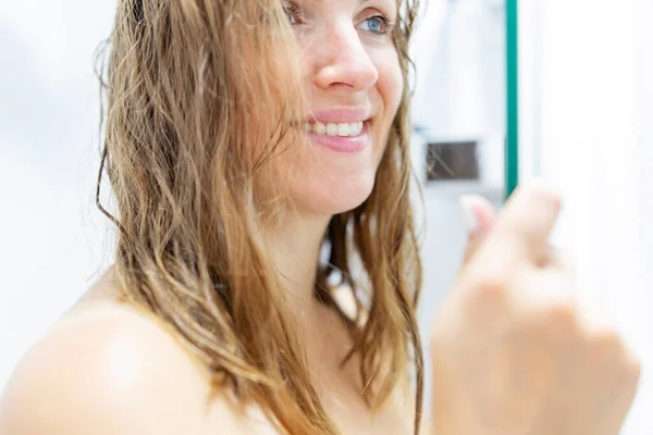 Close Half Face Cropped Portrait Smiling Woman Wet Hair Shower — Stock Photo, Image