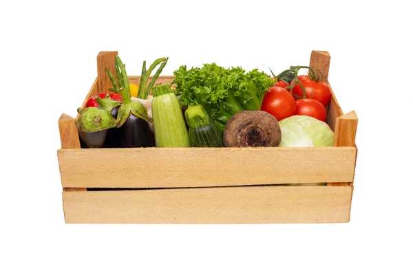 Fresh Vegetables Wooden Box Isolated White Background Eco Lifestyle — Stock Photo, Image