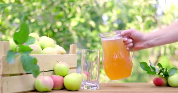 Kvinnors Hand Häller Äppeljuice Från Karaff Ett Glas Träbordet Sommaräppelträdgård — Stockvideo