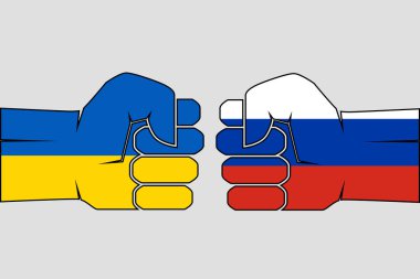 Rus Ukrayna savaşı. Rusya ve Ukrayna 'nın bayraklarıyla yumruk yumruğa. Vektör illüstrasyonu.