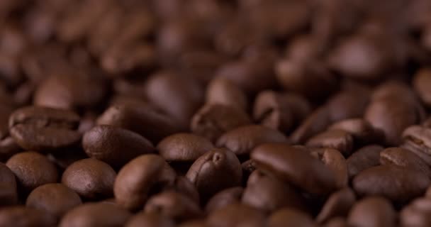 Zwolnione Zbliżenie Całej Palonej Ziarna Kawy Obroty Upadki Fasoli — Wideo stockowe