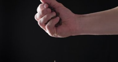 Yaklaş, kavrulmuş kahve çekirdekleri insanın elinden koyu arkaplana dökülüyor. Kızarmış kahve çekirdeği.