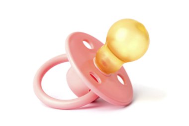 Orthodontic pacifier isolated on white. Pink baby pacifier isolated on white background.