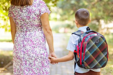 Back to school. Schoolboy is ready go to school. Cute child with a backpack outdoors. First day at school.