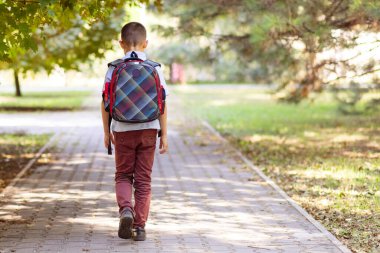 Sırt çantalı bir okul çocuğu açık havada okula gidiyor. Okula geri dön..
