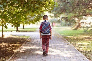 Sırt çantalı bir okul çocuğu açık havada okula gidiyor. Okula geri dön..