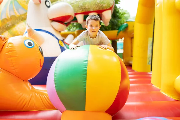 Happy Boy Having Lots Fun Colorful Inflate Castle Colorful Playground — Stock Photo, Image