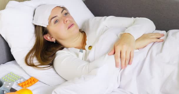 Woman Bad Cold Flu Coronavirus Fever Lying Bed Medicine Table — Vídeo de Stock