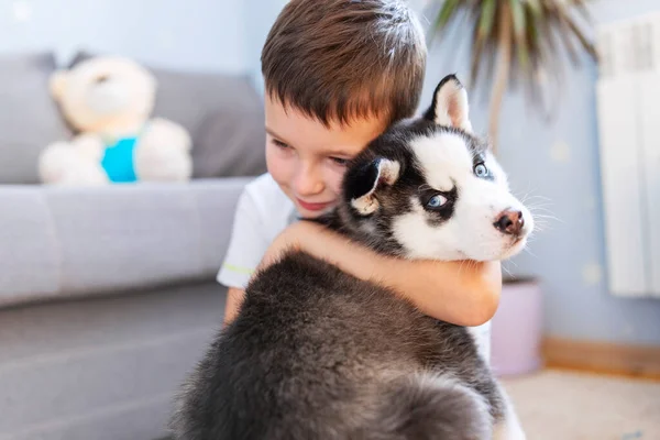 Schattige Kleine Jongen Knuffelend Een Puppy Van Siberische Husky Hond — Stockfoto