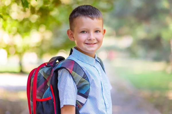 Back School Little Boy Goes School Day Beginning Term Beginning — Zdjęcie stockowe