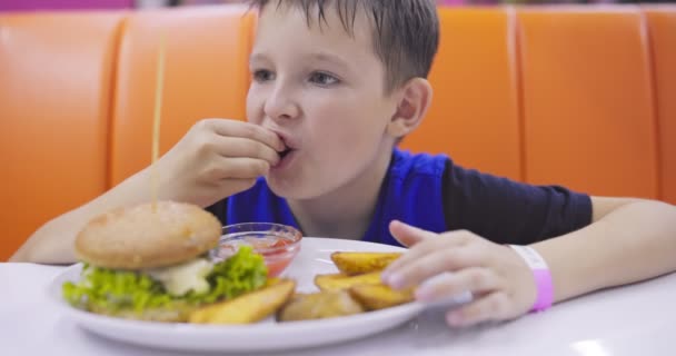 Criança Comendo Hambúrguer Batatas Fritas Restaurante Fast Food Criança Mergulhando — Vídeo de Stock