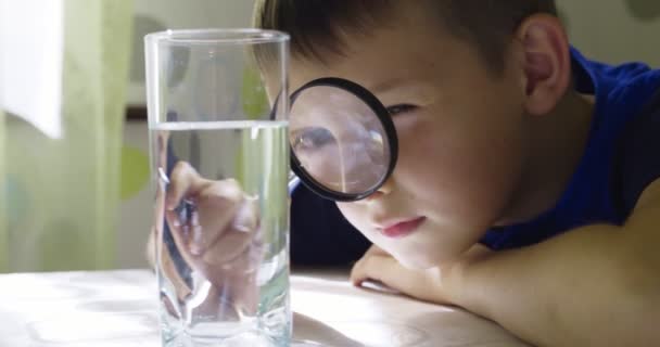 Het Jongetje Kijkt Naar Water Een Glas Door Vergrootglas Concept — Stockvideo