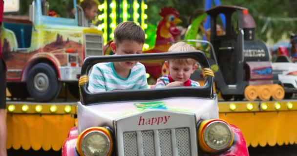 Two Happy Child Having Fun Toy Car Amusement Park High — Stock Video