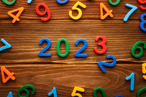 Barevné Číslo 2023 Dřevěném Pozadí 2023 Šťastný Nový Rok — Stock fotografie