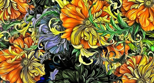 abstract computer stylized decorative vintage texture, background pattern of large strokes of paint, computer graphics colorful flower decor