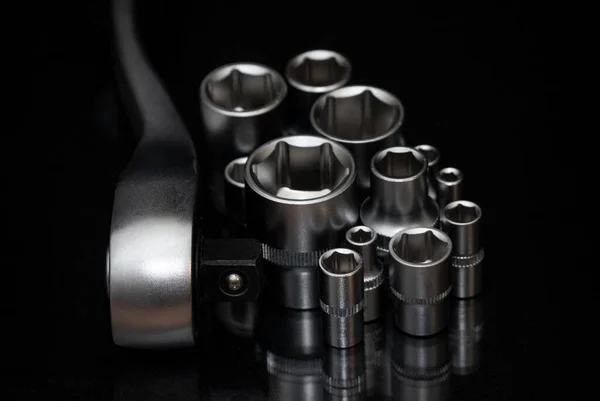 Ratchet Wrench Set Stainless Steel Hex Sockets Shiny Black Surface — Stock Photo, Image