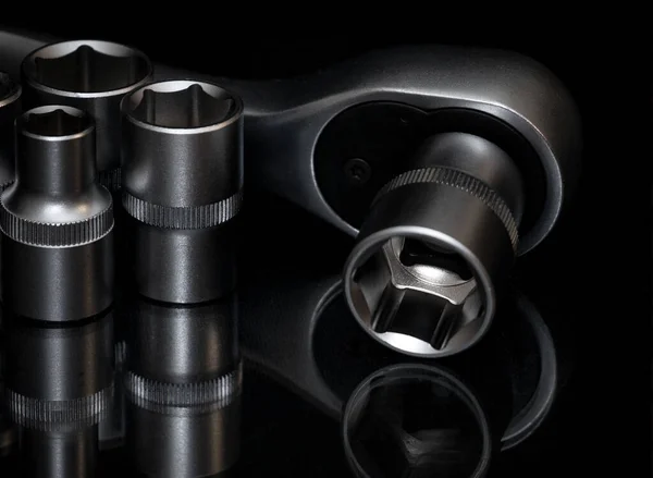 Llave Trinquete Set Zócalos Hexagonales Acero Inoxidable Sobre Superficie Negra —  Fotos de Stock