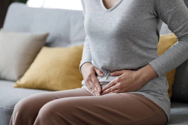 Sick Young Woman Suffering Menstrual Pain Woman Hands Squeezing Belly — Stock Photo, Image