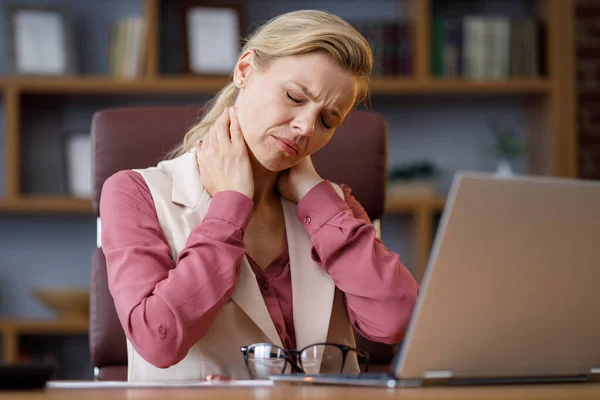 Tired Businesswoman Exhausting Paperwork Taking Eyeglasses Feeling Nack Pain Head — Stockfoto