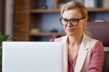 Ofiste dizüstü bilgisayarla çalışan güzel bir iş kadınının portresi. Mesajlaşmak, internete bakmak, online çalışmak, uzaktan çalışmak. İş konsepti. Modern başarılı kadın liderin portresi.