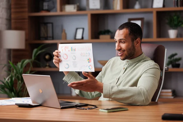 Young Smiling Mixed Race Businessman Have Video Call Sitting Office — Stock Photo, Image