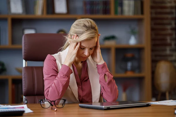 Tired Businesswoman Exhausting Paperwork Taking Eyeglasses Feeling Nack Pain Head — Stock Fotó