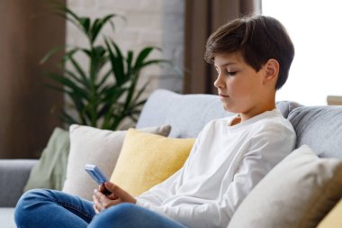Portrait of young cute boy holding smartphone sitting at sofa. Teenager at home choosing favorite music, texting messages, browsing internet, watching video in social media, playing online games