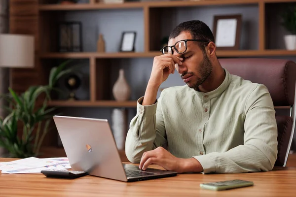 Tired African American Businessman Exhausting Paperwork Taking Eyeglasses Feeling Eye — Fotografia de Stock