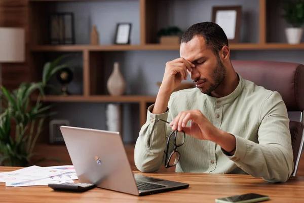 Tired African American Businessman Exhausting Paperwork Taking Eyeglasses Feeling Eye —  Fotos de Stock