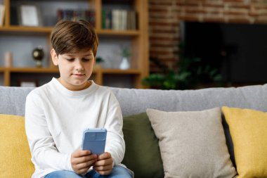 Portrait of young cute boy holding smartphone sitting at sofa. Teenager at home choosing favorite music, texting messages, browsing internet, watching video in social media, playing online games