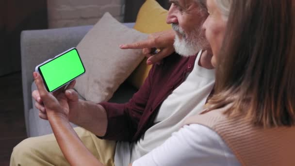 成熟した幸せなカップルはオンライン通話を通信します 白髪の夫と妻が電話で親戚と話している スマートフォンでビデオ通話 遠隔通信だ 緑の画面を貼り付ける — ストック動画