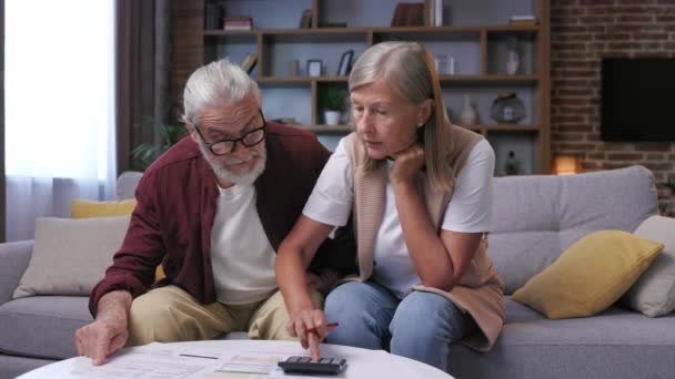 Gray Haired Retired Couple Worried Calculating Utility Bills Calculator Big — Stock Video